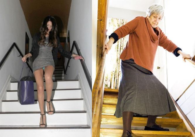 Biometría y la dificultad de bajar escalones con la carga de bolsas, años y tacones